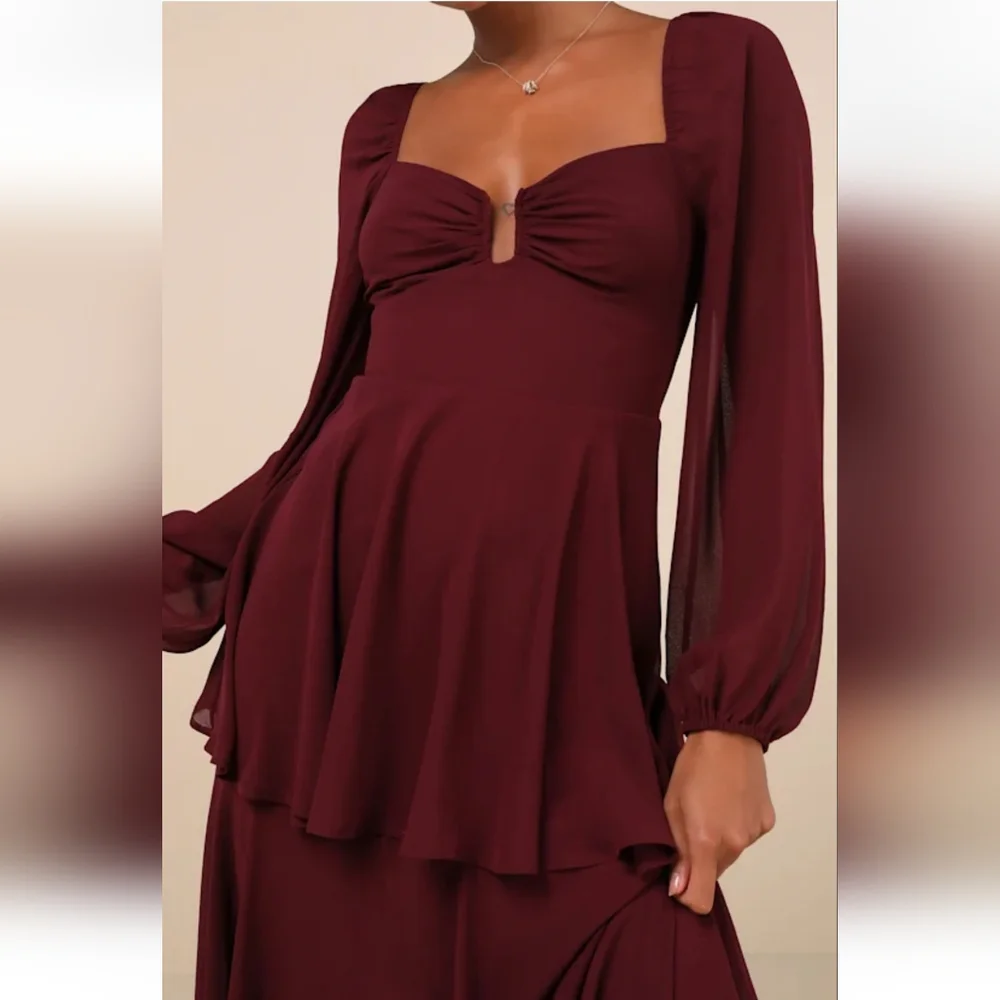 Lulus Tier to Enchant NWT Burgundy Long Sleeve Tiered Maxi Dress